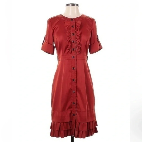 Phoebe Couture | Burgundy Ruffle Button Down Cocktail Party Dress Size 2 XS - Picture 1 of 3